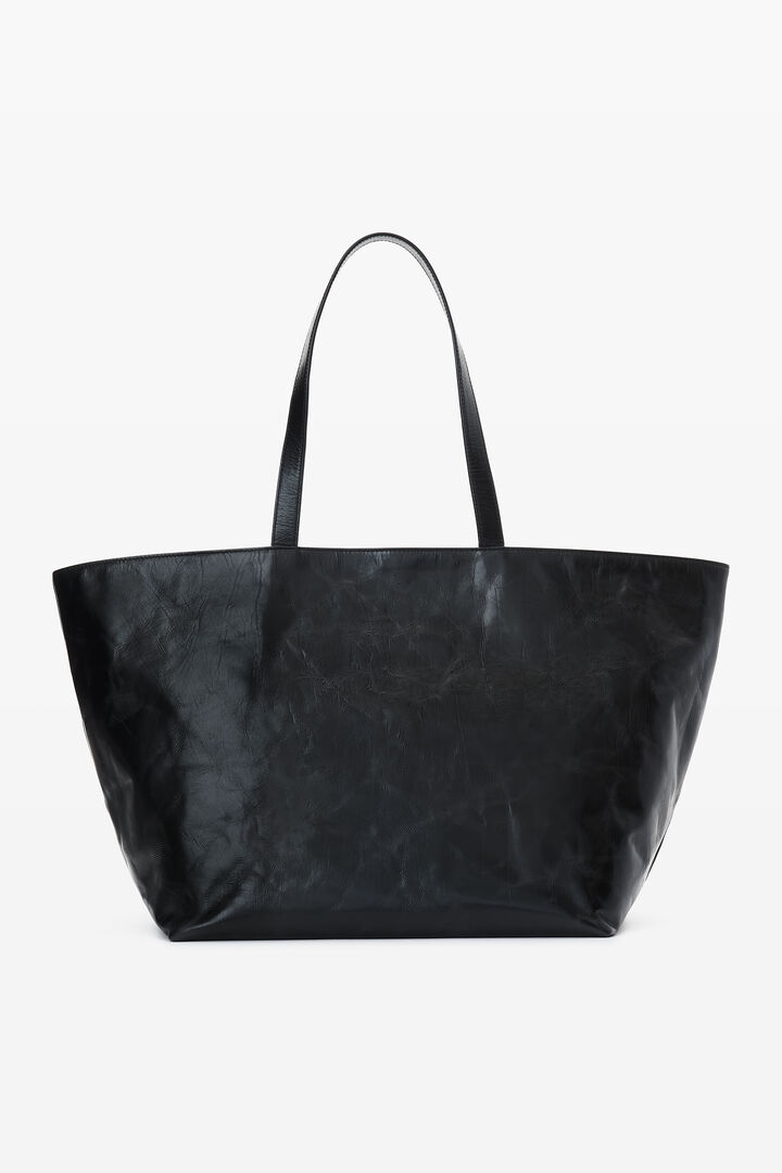 Black leather tote bag with textured logo