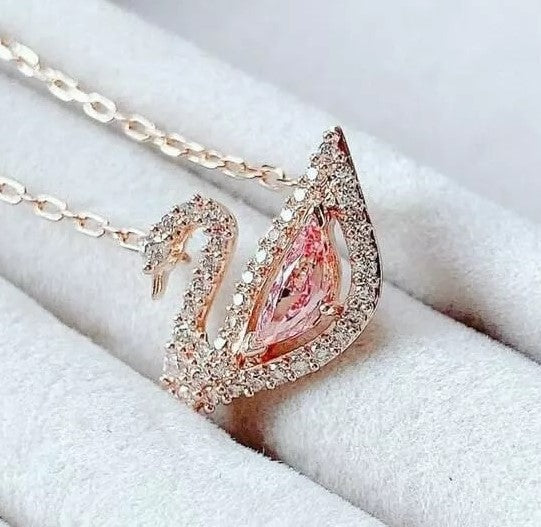Necklace Swan, Pink, Rose gold-tone plated