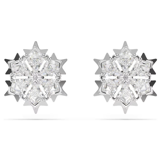 Magic stud earrings Snowflake, White, Rhodium plated