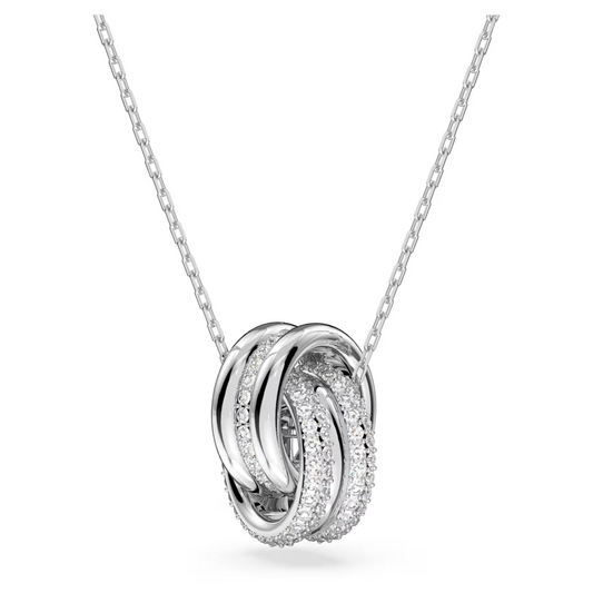 Hyperbola pendant Intertwined circles, White, Rhodium plated