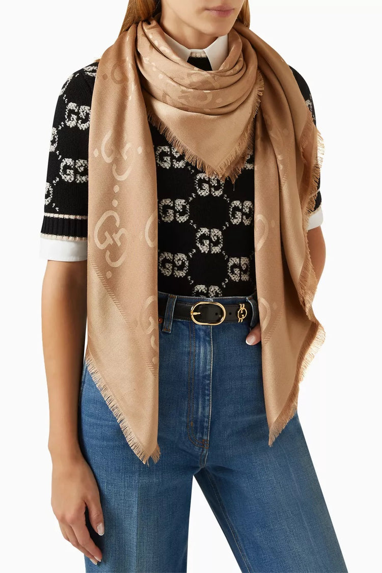 GG Jacquard Silk-Wool Camel Shawl