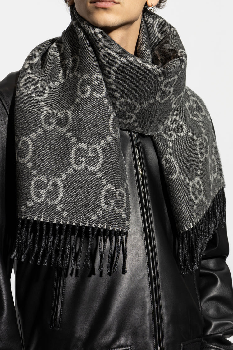 acquard Pattern Knit Scarf With Tassels In Grey Wool With Light Grey