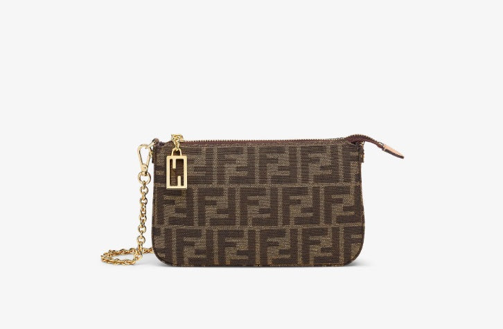 Brown Jacquard FF Fabric Clutch With Chain