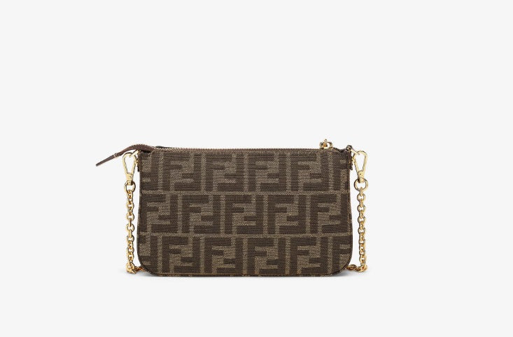 Brown Jacquard FF Fabric Clutch With Chain