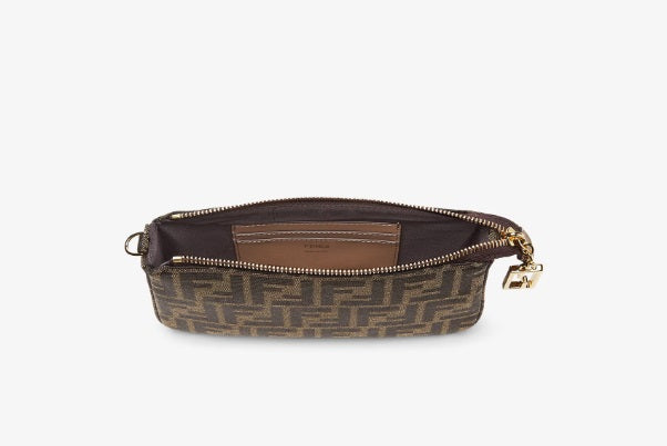 Brown Jacquard FF Fabric Clutch With Chain