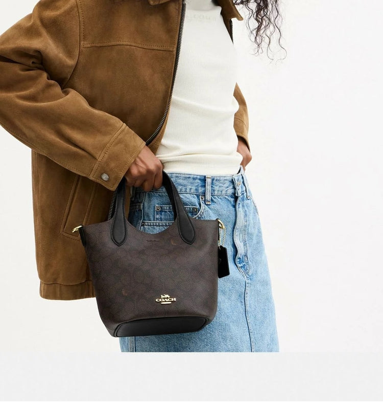 Gold/Walnut/Black Hanna Bucket Bag In Signature Canvas