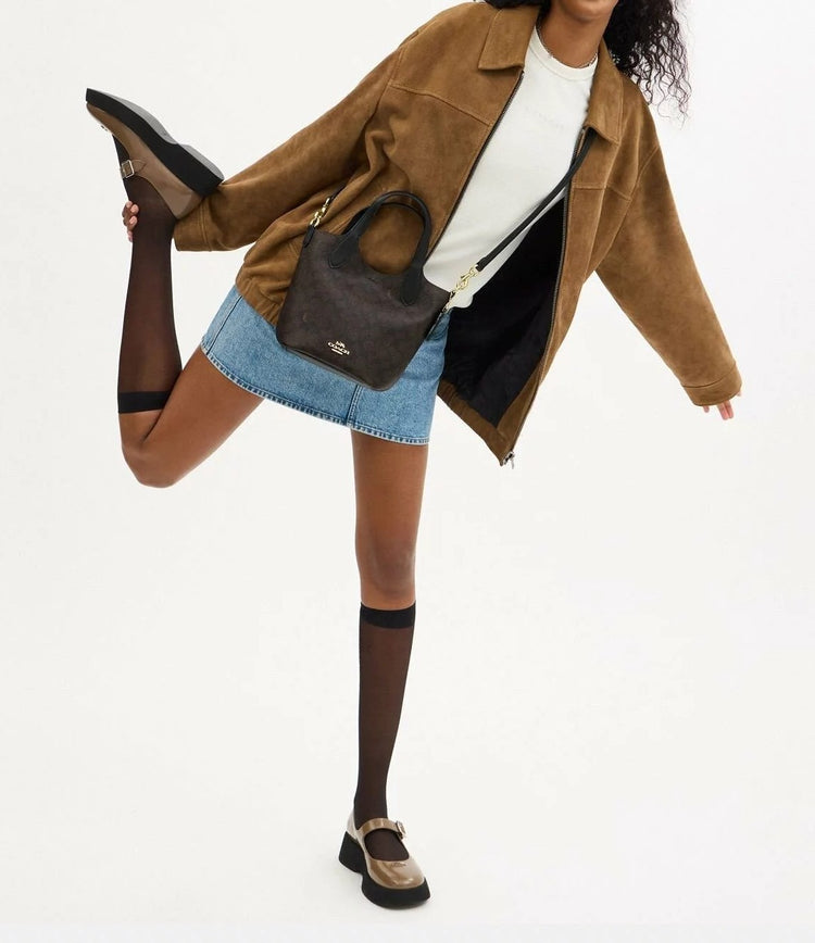 Gold/Walnut/Black Hanna Bucket Bag In Signature Canvas