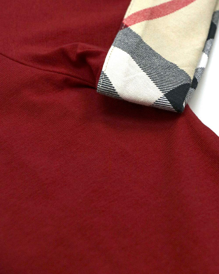 Check Cuff V-Neck Short Sleeves T-Shirt - ISSI Outlet