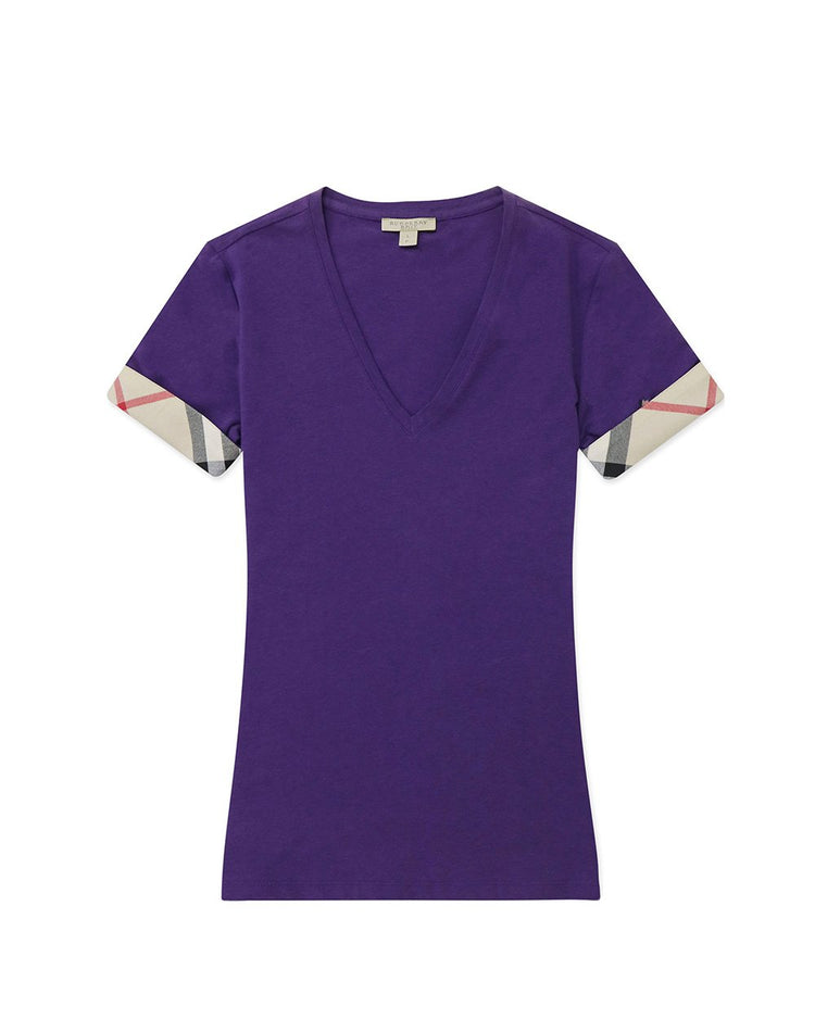Check Cuff V-Neck Short Sleeves T-shirt