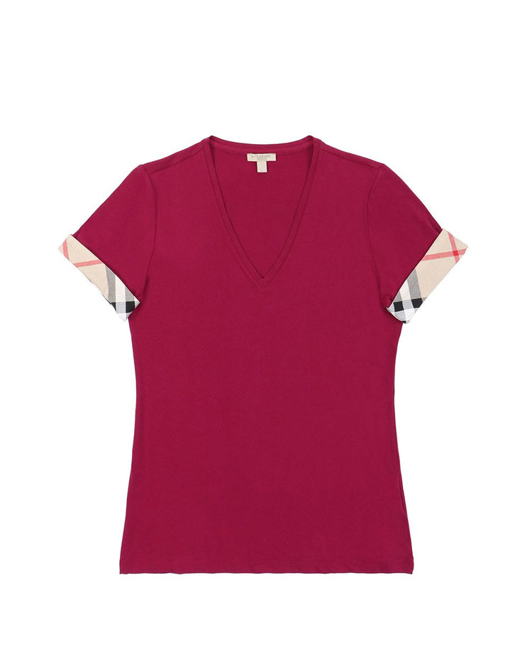 Checked V-Neck Short Sleeves T-Shirt