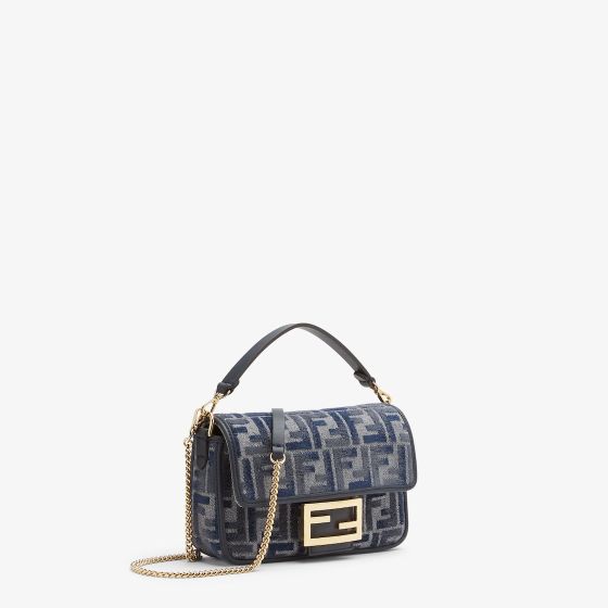 Baguette Mini Navy Cappuccino FF jacquard fabric bag
