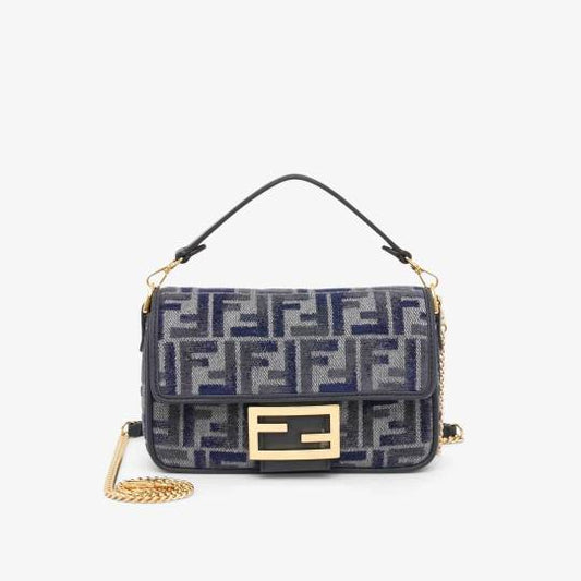 Baguette Mini Navy Cappuccino FF jacquard fabric bag