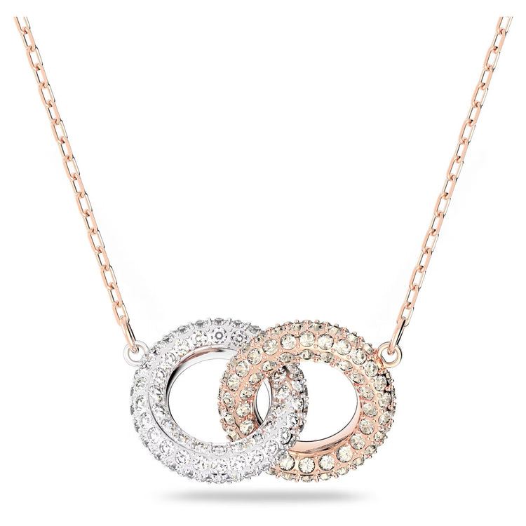 Necklace Intertwined circles, White, Rose gold-tone plated