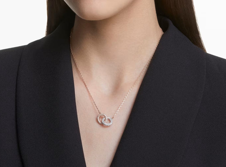 Necklace Intertwined circles, White, Rose gold-tone plated