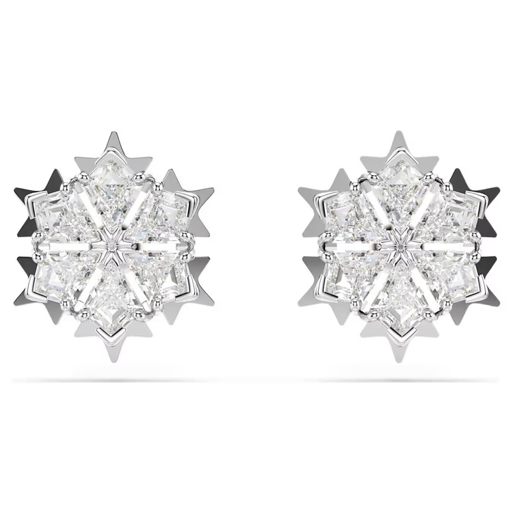 Magic stud earrings Snowflake, White, Rhodium plated