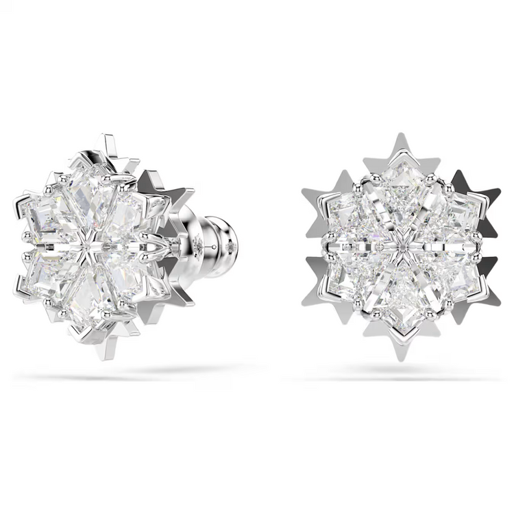 Magic stud earrings Snowflake, White, Rhodium plated