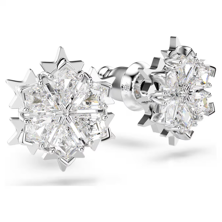 Magic stud earrings Snowflake, White, Rhodium plated