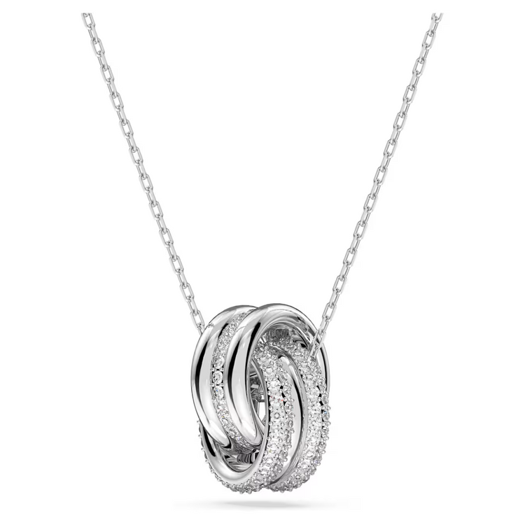 Hyperbola pendant Intertwined circles, White, Rhodium plated