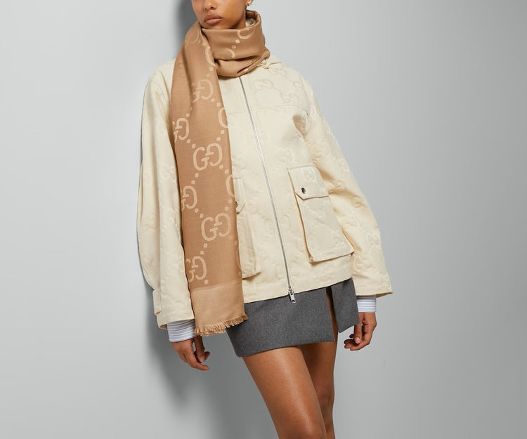 GG Jacquard Silk-Wool Camel Shawl