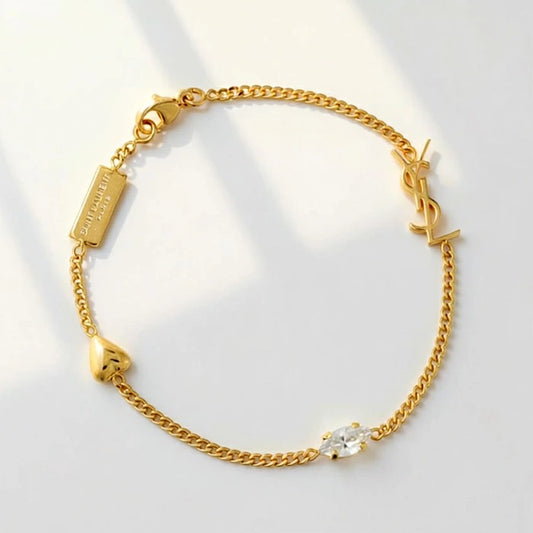 Cassandre Heart Charm Bracelet Saint Laurent in Brass and Rhinestones
