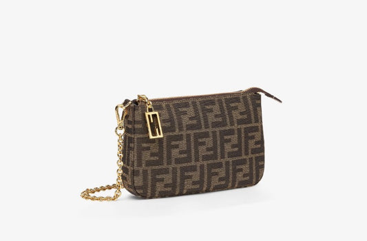 Brown Jacquard FF Fabric Clutch With Chain