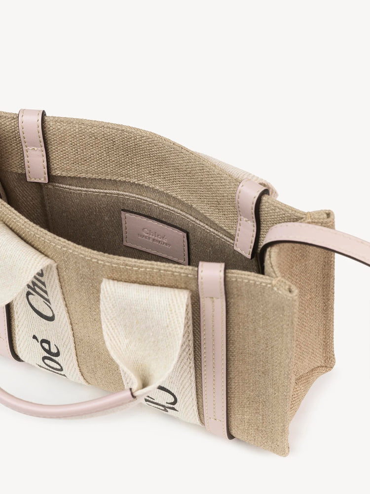 CHLOE MINI WOODY TOTE BAG IN LINEN