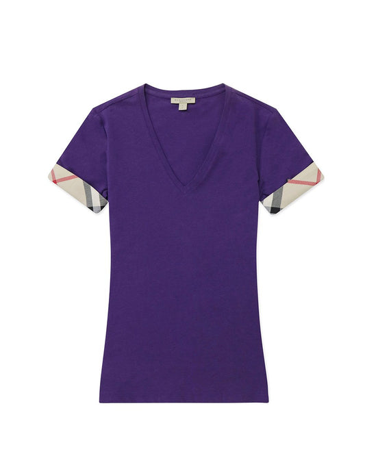 Check Cuff V-Neck Short Sleeves T-shirt - ISSI Outlet