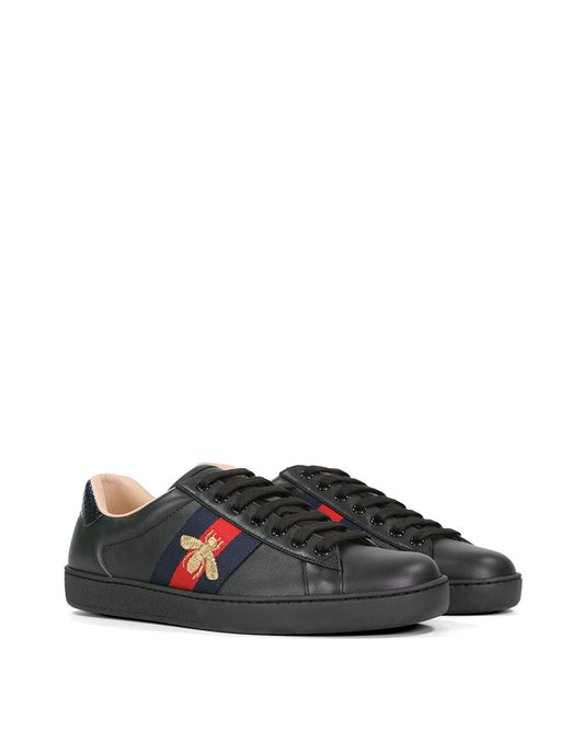 Ace Bee Embroidered Web Stripe Leather Sneakers