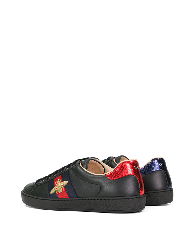 Ace Bee Embroidered Web Stripe Leather Sneakers