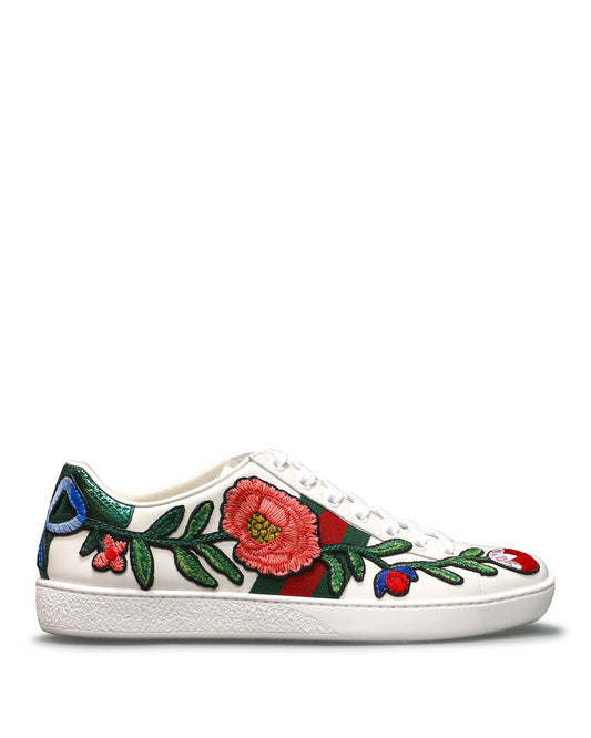 Gucci Women's Ace Floral Patches Embroidered Leather Sneakers